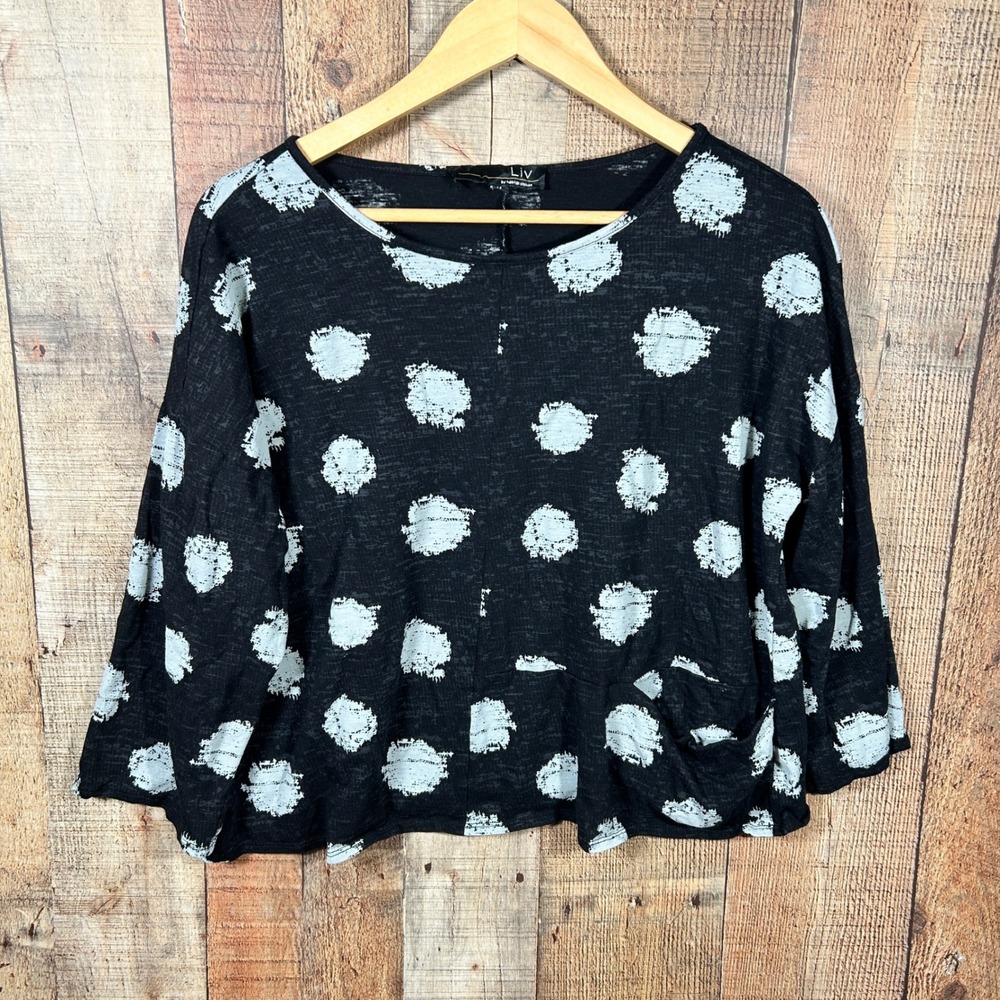 LIV by Habitat Clothes Womens M Black Blue Polka Dot Boxy Slub Knit Tunic Top